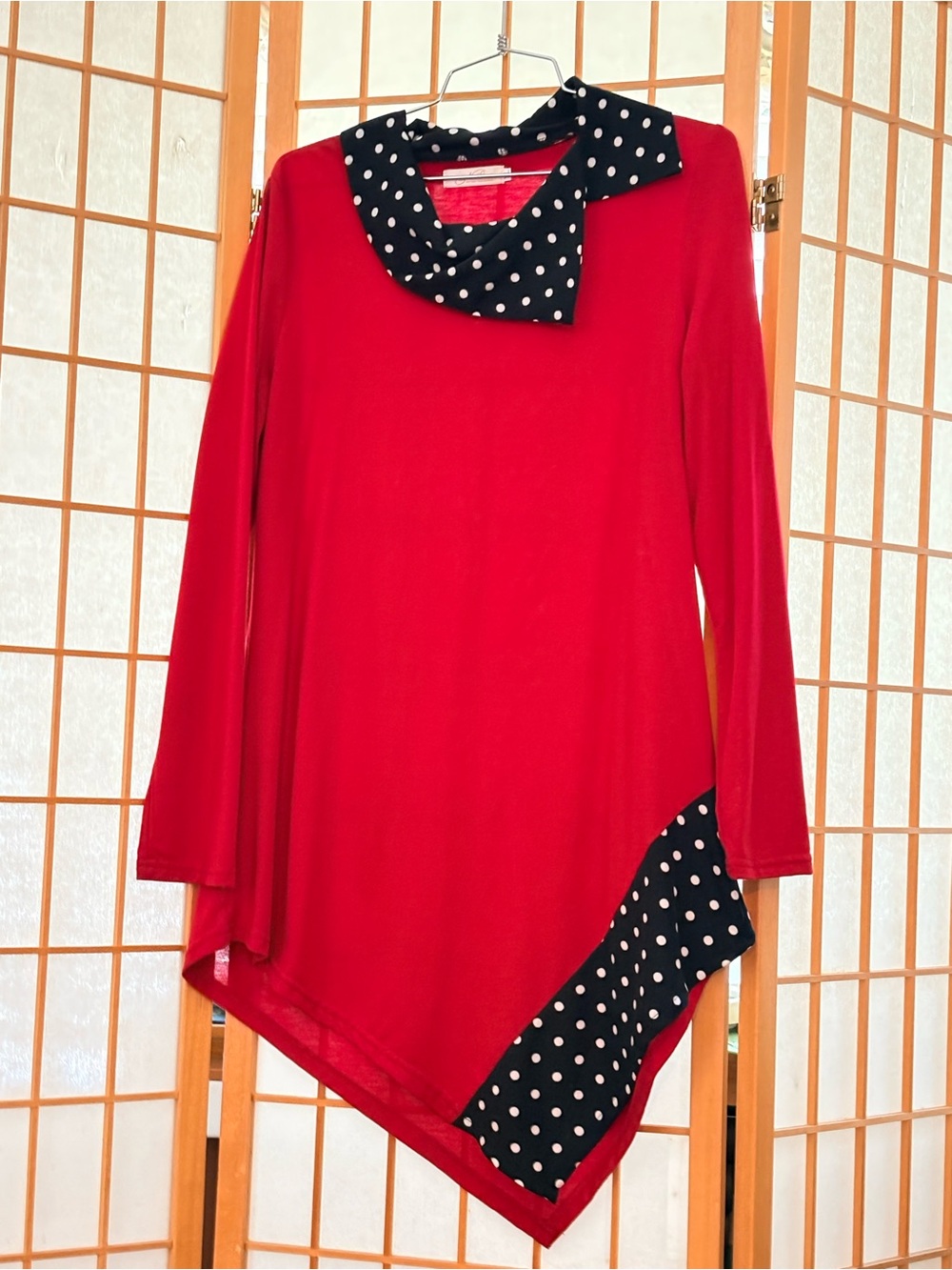 Nendu Red Asymmetric Tunic with Black with White Polka Dot Trim XL